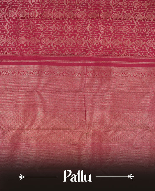 Dark Maroon colour Kanchipuram pattern Manthrakodi saree featuring geometric antique zari jacquard pattern, self turning border and zari jaquard blouse piece.