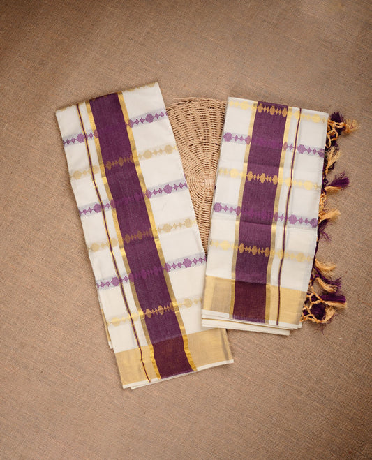 Cream colour cotton set mundu highlighting gold zari purple pattern stripes on body,  purple colour border.