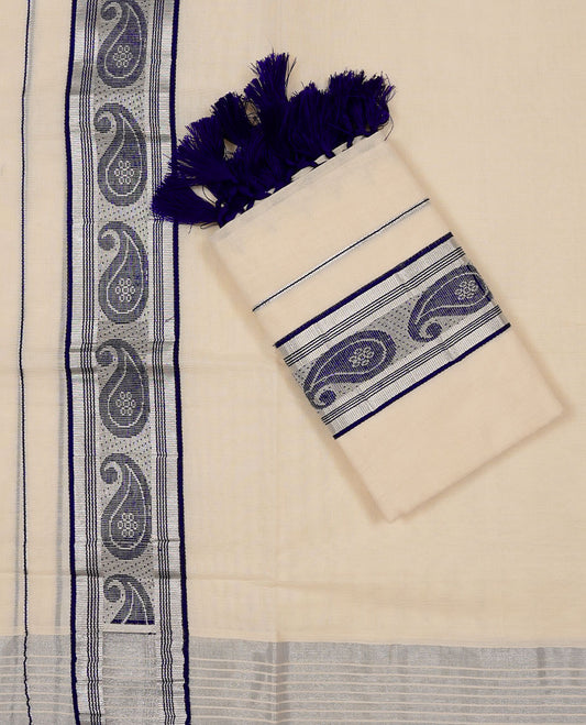 Off white colour Cotton Set Mund featuring a plain body, enhanced by a Blue colour With silver zari border.