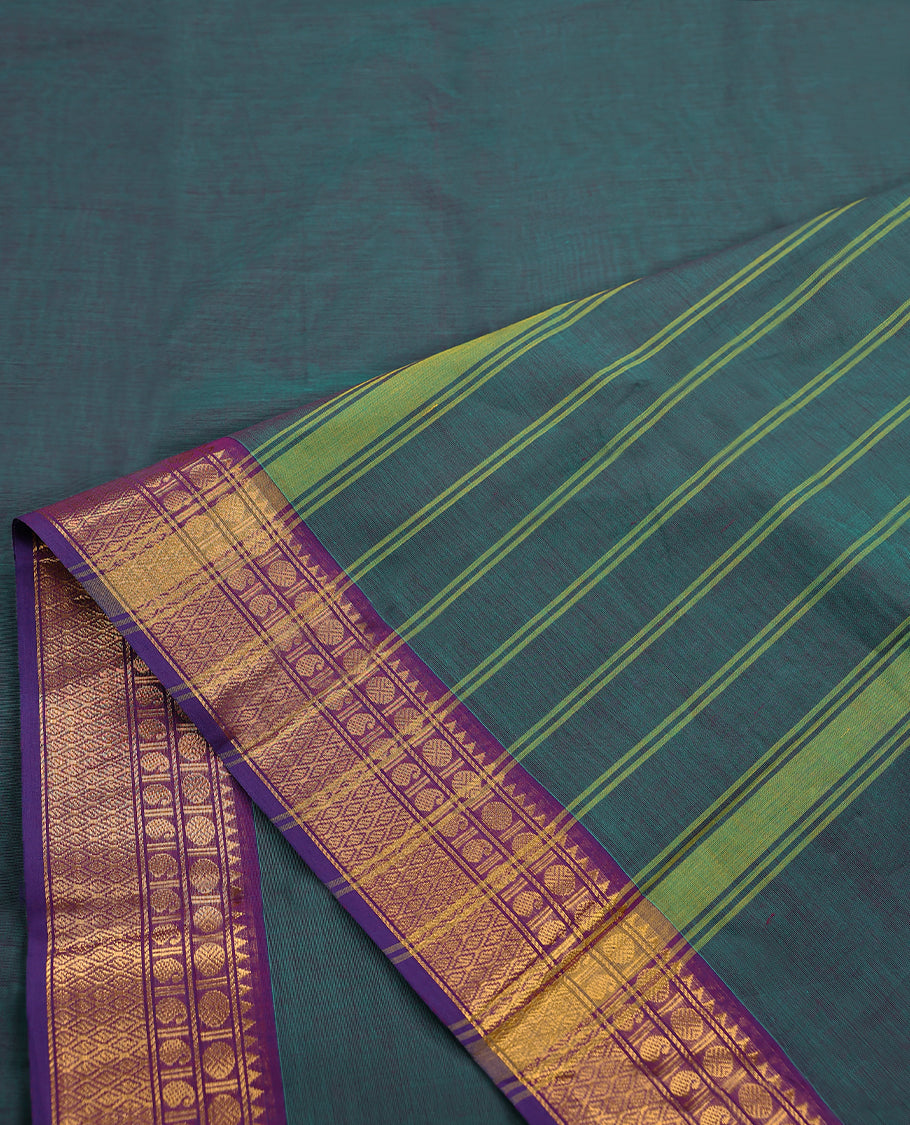 Peacock Green Colour Mixed Chettinad Cotton Saree having plain Body with Contrast Border and Self Coloured Blouse