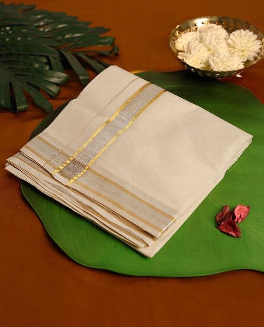 Light ivory Colour cotton double dhoti with Silver and Gold kara, crafted for traditional elegance & comfort, for men.
