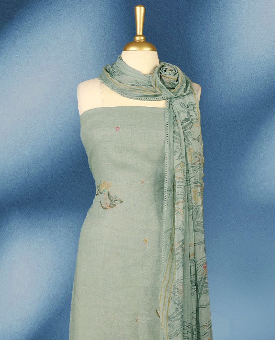 Pastel Pista colour premium pure linen printed top with hand embroidery crochet lace on daman and sleeves, premium cotton Bottom & pure chiffon printed with crochet lace border Dupatta