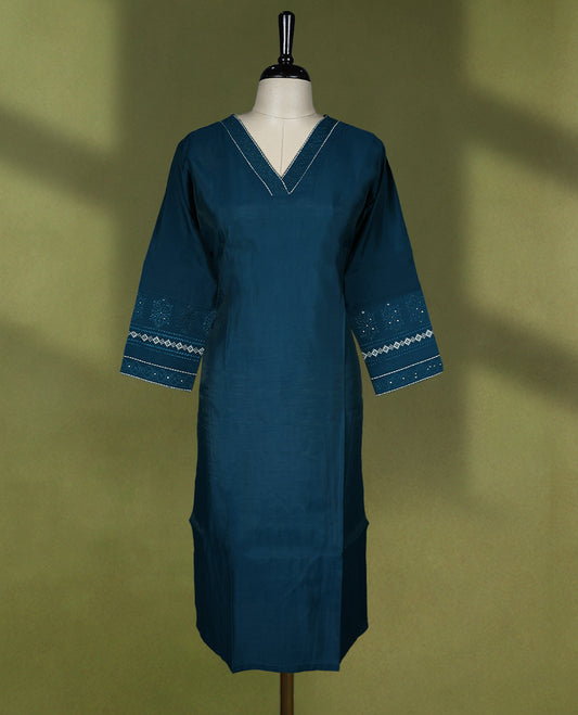 Prussian blue Colour V neck Readymade kurti for women with 3/4 sleeves.