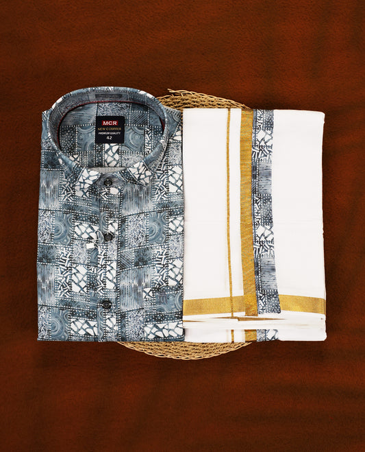 Pastel Blue colour MCR full sleeve shirt featuring all over abstract prints, paired with a white dhoti adorned with a rich golden zari kara and a matching printed border.