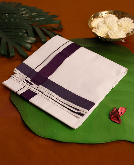 Light ivory Colour cotton single dhoti with 1 Inch Dark Purple kara, crafted for traditional elegance & comfort, for men.