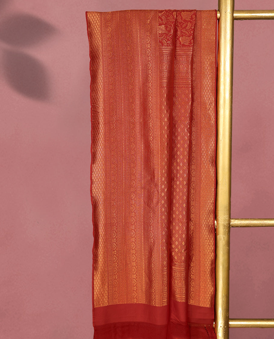 Dark Red Kancheepuram Silk Brocade Saree having Jaal Worked Body with Self Coloured Brocade Border and Blouse