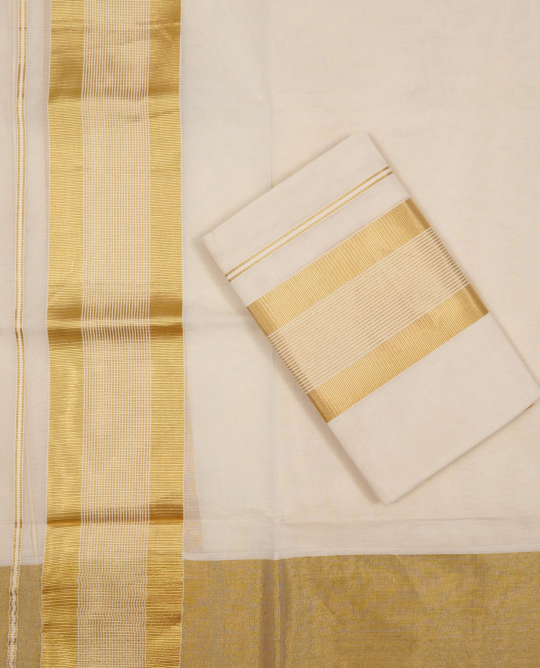Off white colour Cotton Set Mund featuring a plain body, enhanced by a Traditional  zari border.