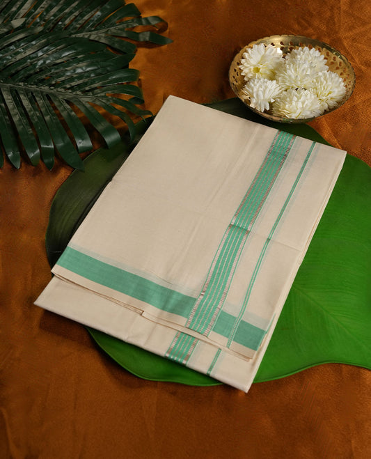 Cream Colour Pure Cotton single Dhoti with light Green and Silver Colour simple Border for Men