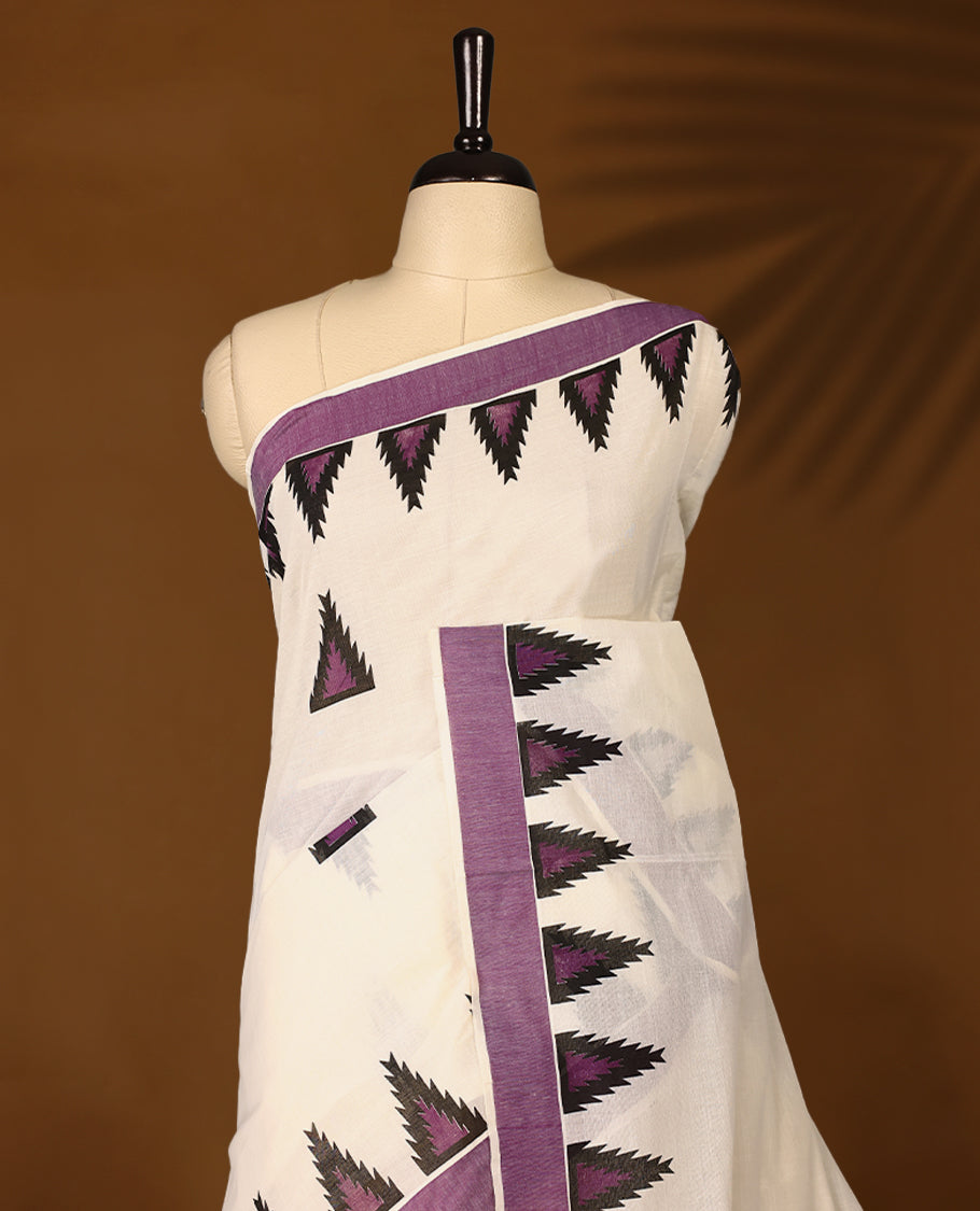 Elegant off white colour cotton Kerala saree featuring Plain body, Purple colour border with temple designs, Paired with matching blouse offering a classic and graceful look