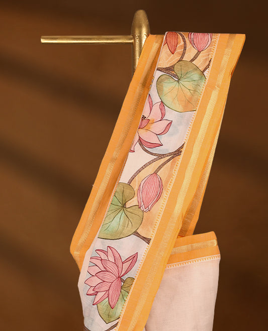 Off white and Orange Colour lightweight khadi cotton saree with earthy-coloured digital floral prints on the Body and pallu, paired with a matching blouse.