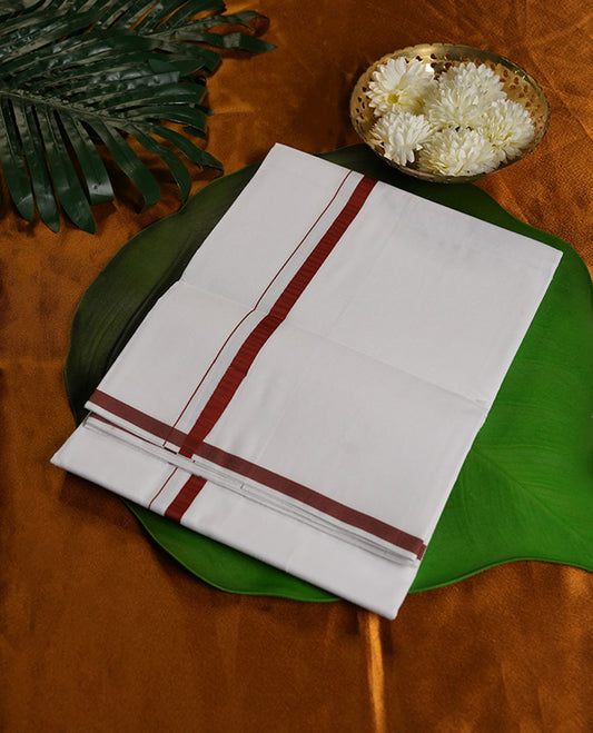White Colour Pure Cotton single Dhoti with Brown Colour Border for Men