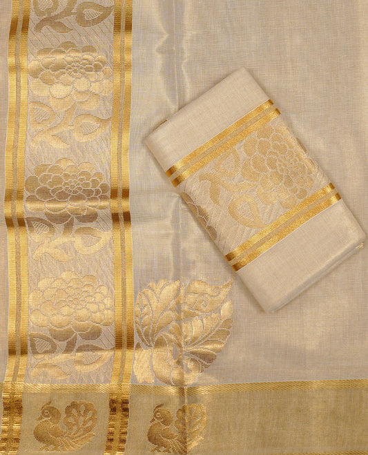 Golden colour Tissue silk set mundu features a plain body accented by a Floral gold zari border.