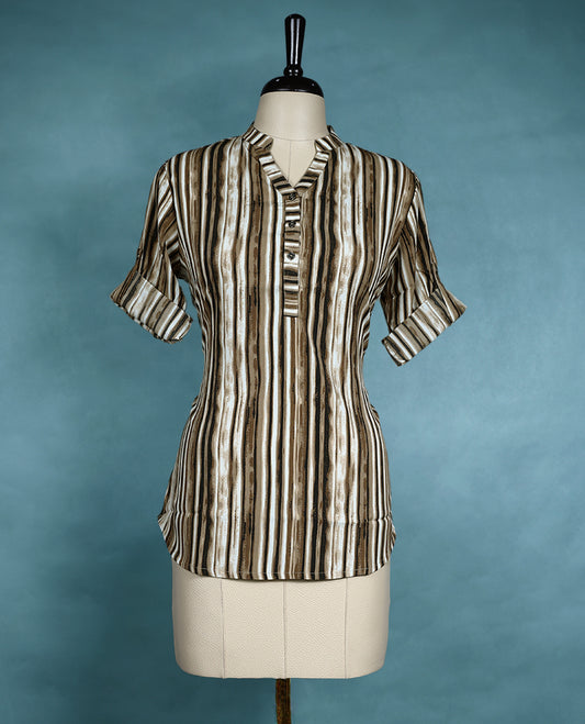 Brown Colour Striped Mandarin Collar Short Sleeve Top for Women.
