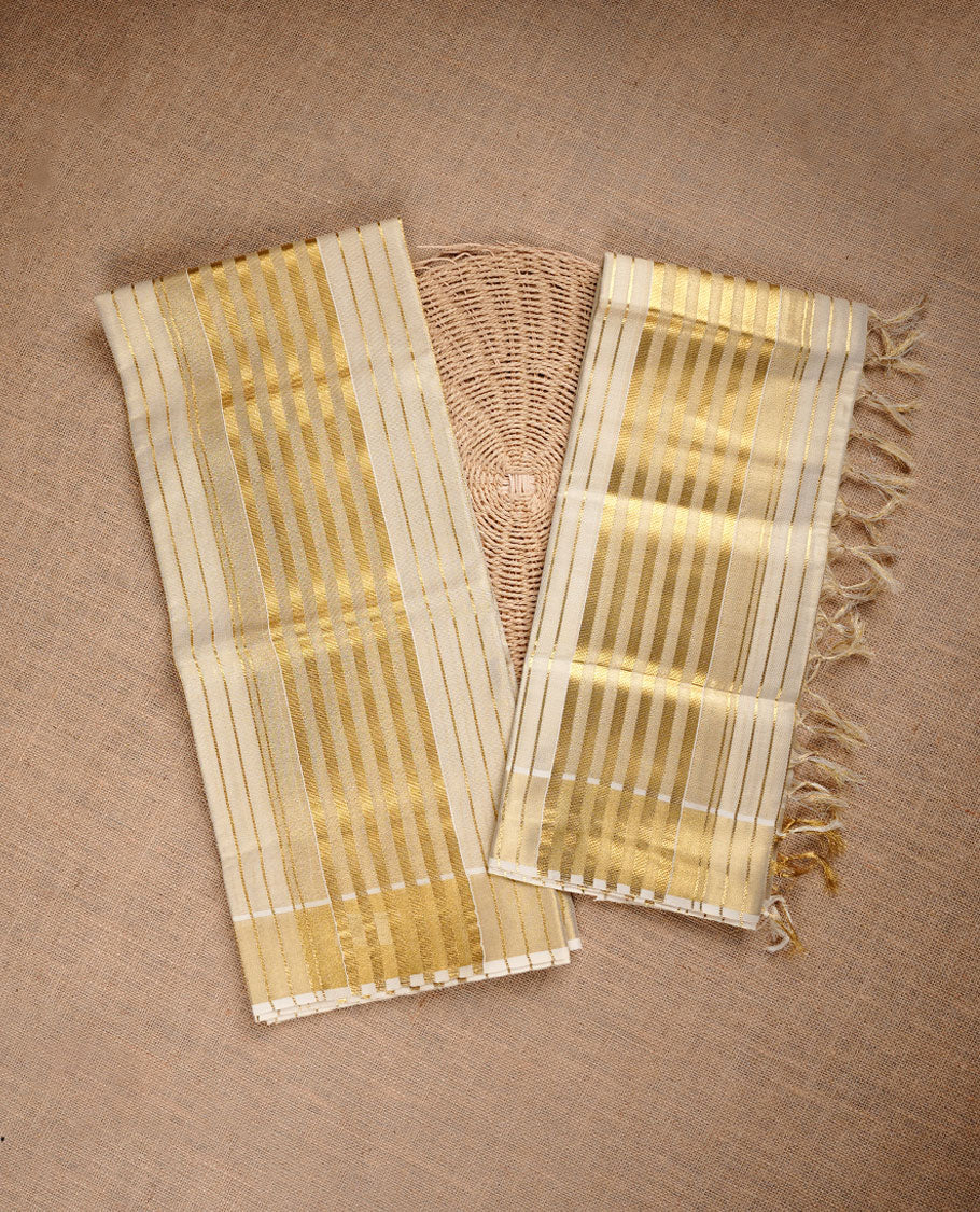 Light Gold colour tissue set mundu highlighting gold zari strip pattern & stripped border