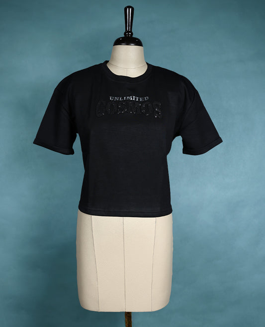 Black short sleeve T shirt featuring a round neck and a relaxed fit, crafted from soft fabric for a casual style.
