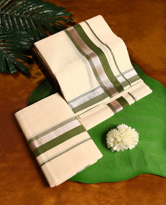 Off white colour cotton  SET MUNDU featuring a plain body, complemented by a Olive Green and silver toned Bold border (2.00/2.80 MTS).