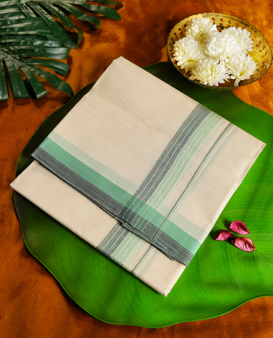 Off white colour cotton single dhoti featuring a dual tone green and grey kara with fine line detailing & Designed for daily comfort and traditional grace, ideal for rituals, cultural events, and festive wear.