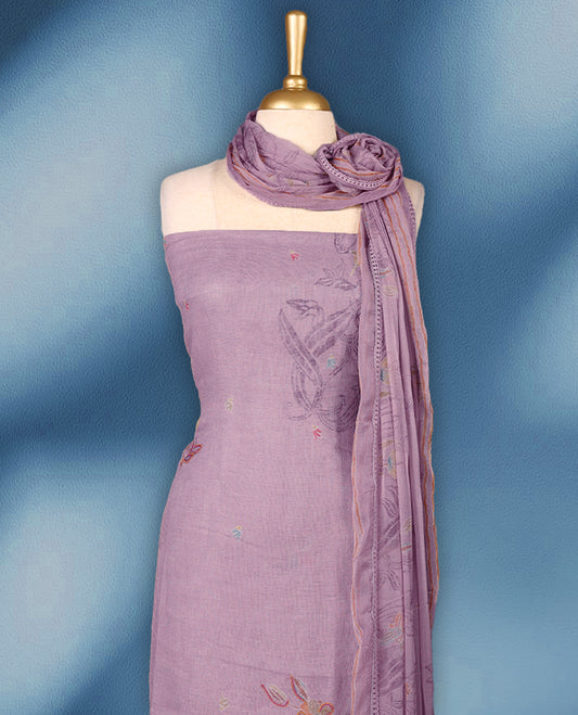 Pastel Lilac colour premium pure linen printed top with hand embroidery crochet lace on daman and sleeves, premium cotton Bottom & pure chiffon printed with crochet lace border Dupatta