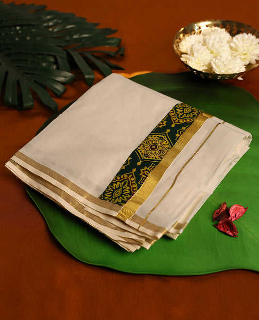 Light ivory Colour cotton double dhoti having Gold with Dark Green Ajrakh kara, crafted for traditional elegance & comfort, for men.