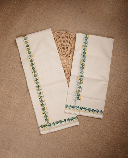 Cream colour cotton set mundu highlighting gold zari border with green colour floral print