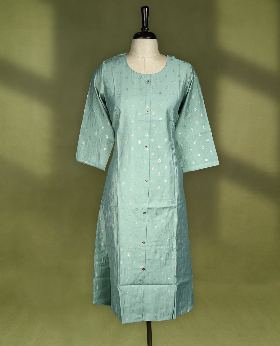 Pista green colour straightcut kurti crafted in soft fabric featuring subtle butta work all over, designed with a round neckline, front button placket and 3/4th sleeves.