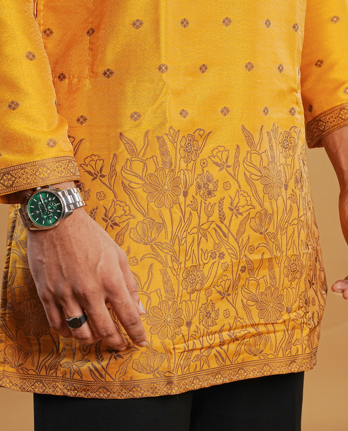 Mustard Yellow colour men's kurta featuring elegant gold zari Motifs on the body, complemented by full sleeves for a refined and festive look.