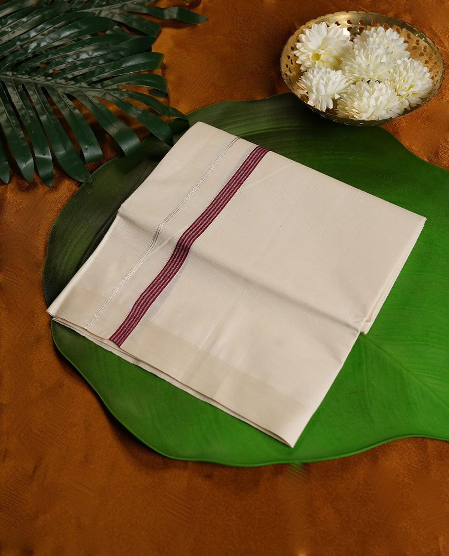 Cream Colour Pure Cotton single Dhoti with Maroon and Silver Colour simple Border for Men