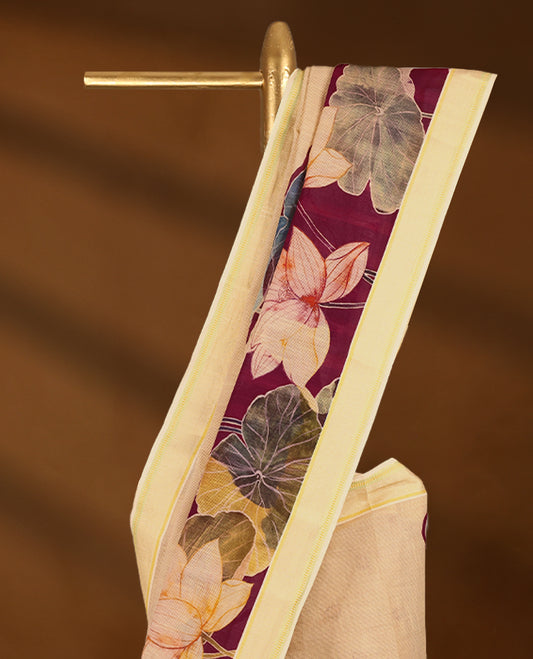Beige and maroon Colour lightweight khadi cotton saree with earthy-coloured digital floral prints on the Body and pallu, paired with a matching blouse.