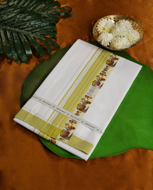 White Colour Minister White Pure Cotton single Dhoti with Lime Green Colour and printed design Border for Men