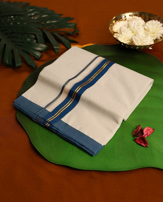 Light ivory Colour cotton double dhoti with Cobalt Blue kara, crafted for traditional elegance & comfort, for men.