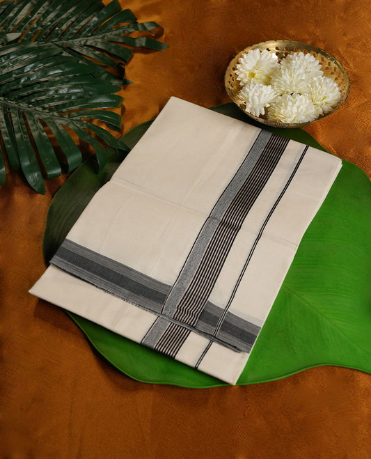 Cream Colour Pure Cotton single Dhoti with Black and Silver Colour Border for Men
