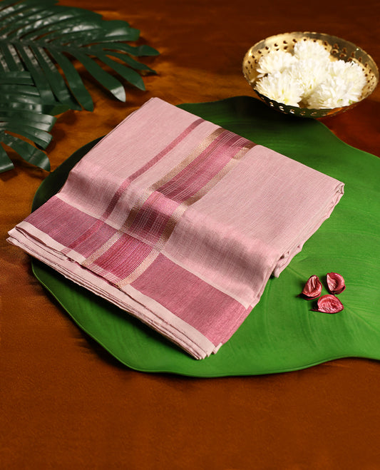 Soft pink colour pure handloom double dhoti featuring a maroon kara with subtle golden zari weaving, crafted with fine traditional detailing for elegance, comfort, and cultural occasions.