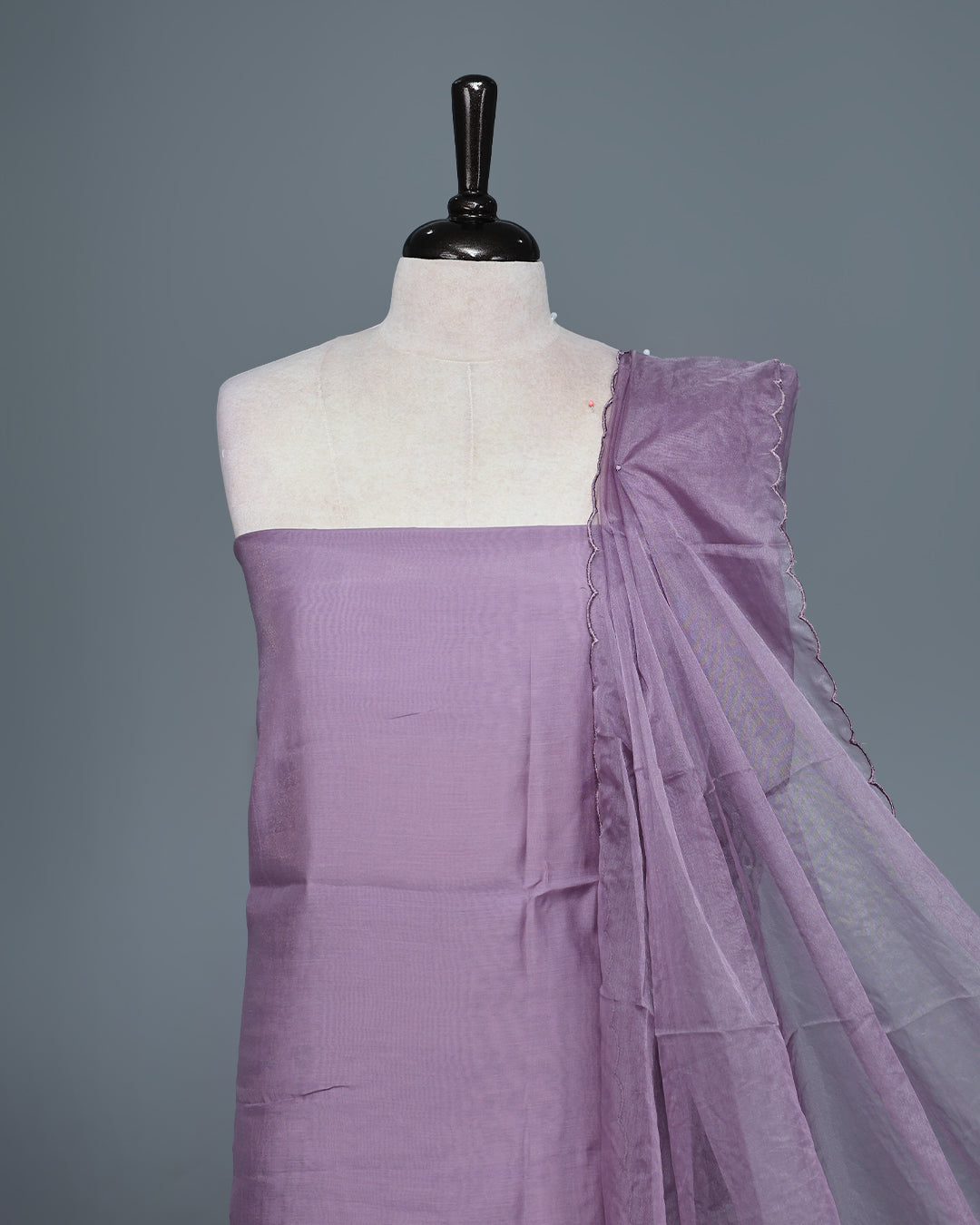 Lavender Colour Mul Chanderi Salwar Material paired with a matching bottom and an elegant floral embroidered organza dupatta