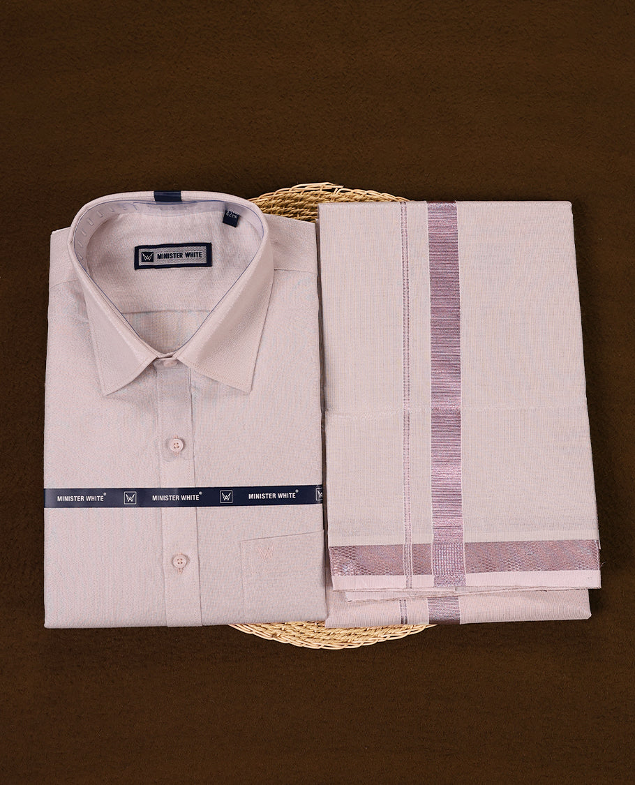 Elegant light pink tissue shirt and matching dhoti set with a refined texture and subtle sheen featuring a pink tissue zari border ideal for festive and formal occasions
