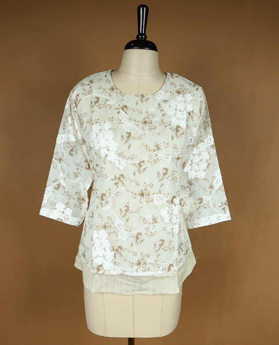 Off White Colour Readymade Top with Jaal Prints For Women with 2/4 th Sleeves