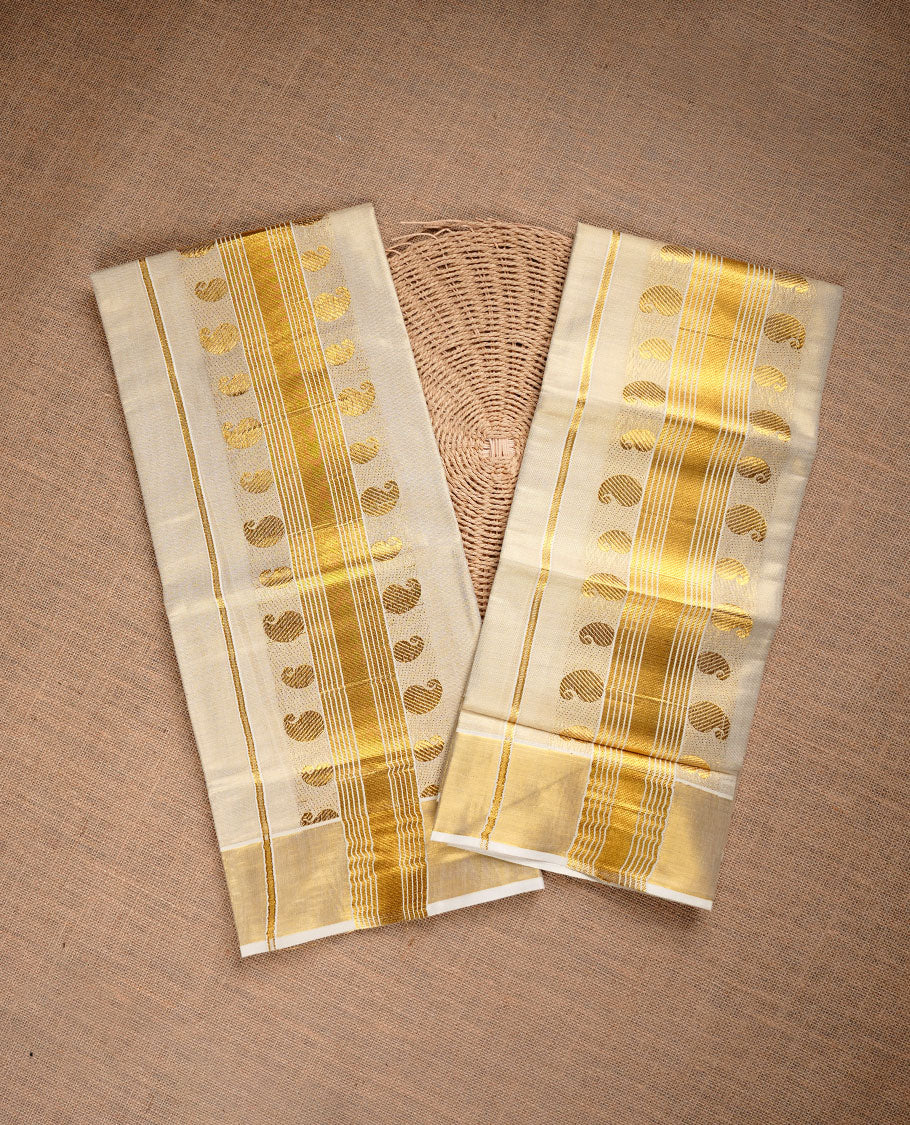 Light Gold colour tissue set mundu highlighting gold zari Mango pattern traditional border.