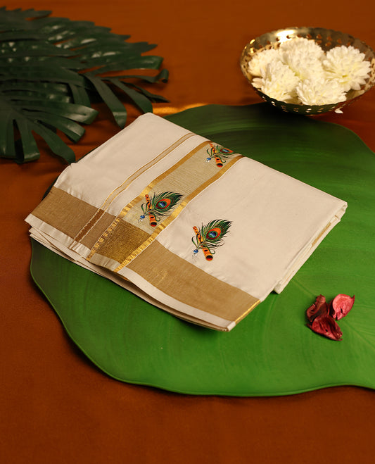 Light ivory Colour cotton double dhoti with 1.5 Inch Golden kara with flute and peacock feather Print, crafted for traditional elegance & comfort, for men.