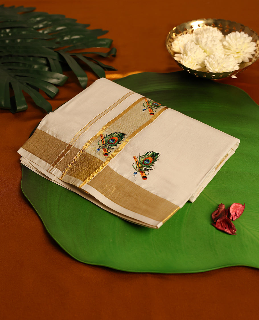 Light ivory Colour cotton double dhoti with 1.5 Inch Golden kara with flute and peacock feather Print, crafted for traditional elegance & comfort, for men.