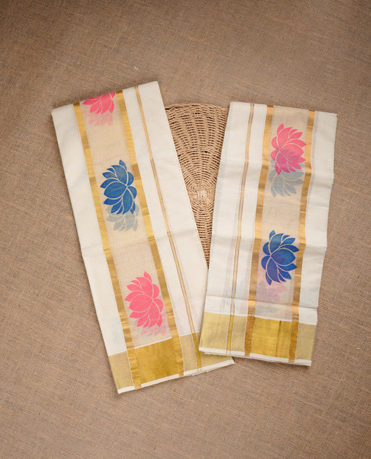 Cream colour cotton set mundu highlighting gold zari border with multicolour lotus print.