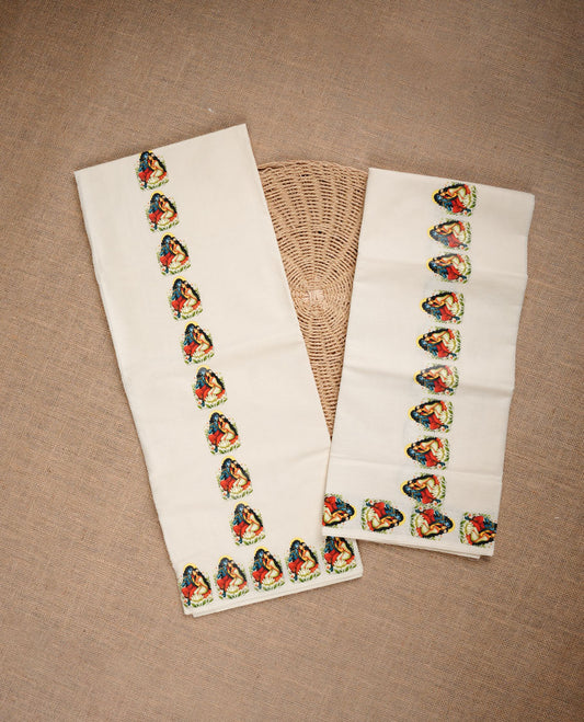 Cream colour cotton set mundu highlighting Radhakrishna print on border.