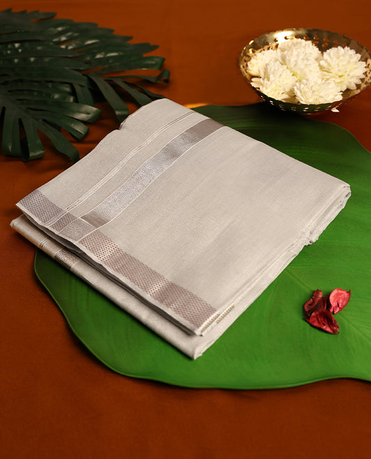 Light Silver Colour Tissue double dhoti with 1 Inch Silver kara, crafted for traditional elegance & comfort, for men.