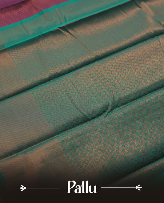 Deep purple colour semi silk saree featuring neem zari Brocade Pattern all over the body, complemented by a Self Colour woven border with detailing with contrast green Colour Pallu & blouse.