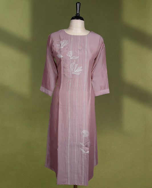 Dusty Onion colour kurti with a round neckline and three quarter sleeves, featuring vertical thread detailing and delicate white floral embroidery