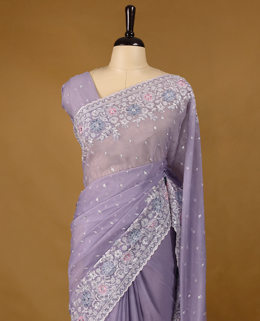 Lavender Colour Organza Designer Saree having Thread and Sequence Worked Body with Border and Blouse