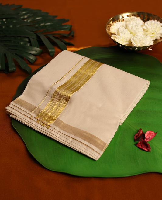 Light ivory Colour cotton double dhoti with 1.5 Inch Golden kara, crafted for traditional elegance & comfort, for men.