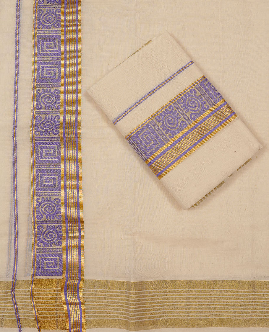 Off white colour Cotton Set Mund featuring a plain body, enhanced by a Lavender colour Thread work zari border.