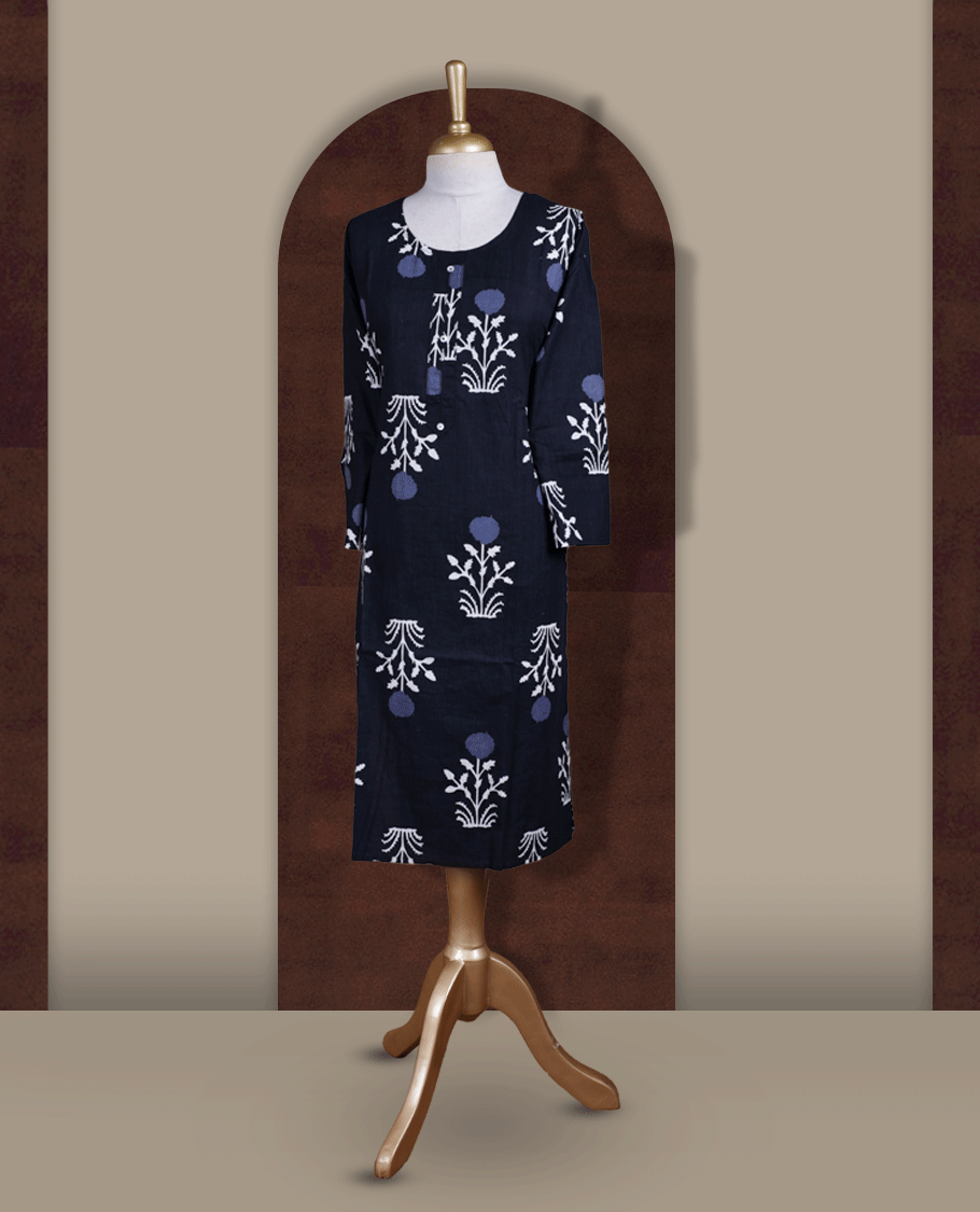 Navy blue colour kurti adorned with white and light blue floral prints, featuring a round neckline with button placket and comfy 3/4th sleeves.