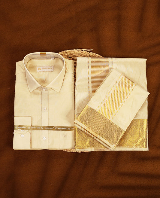 Fawn gold coloured silk wedding shirt, dhoti, and towel set from MINISTER WHITE, embellished with a classic gold zari border, perfect for weddings, festive functions, and traditional occasions.