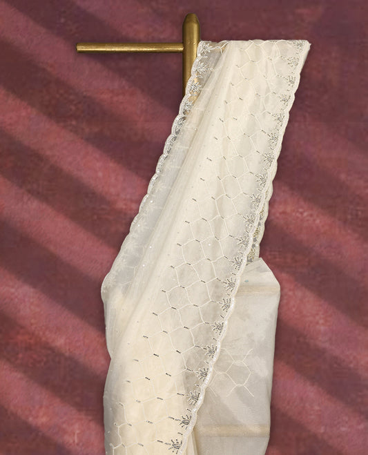 White colour pure organza saree featuring sequin work all over the body, adorned with a heavily embellished border with beads, stones, and sequins, complemented by a worked pallu and paired with a matching embellished blouse