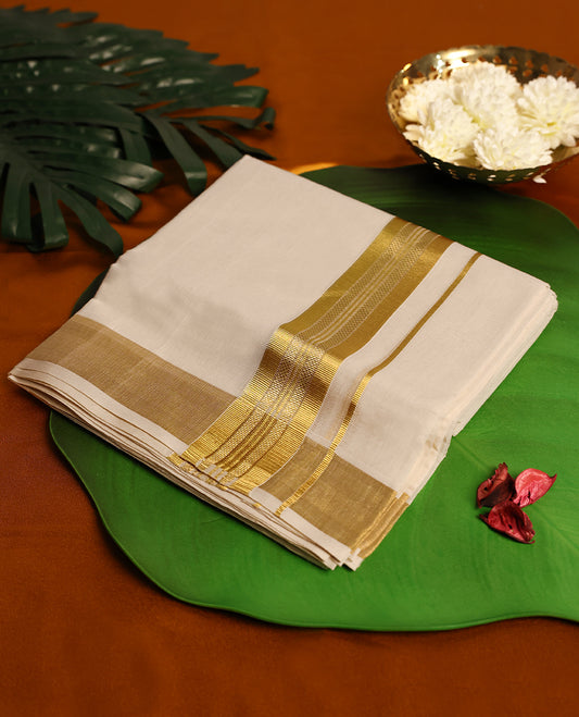 Light ivory Colour cotton double dhoti with 2 Inch Bold Golden kara, crafted for traditional elegance & comfort, for men.